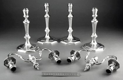 Cast Britannia Silver Queen Anne Style Octagonal Candlesticks (Set of 4), With 2 Detachable 2 Light Candelabra - Tessiers